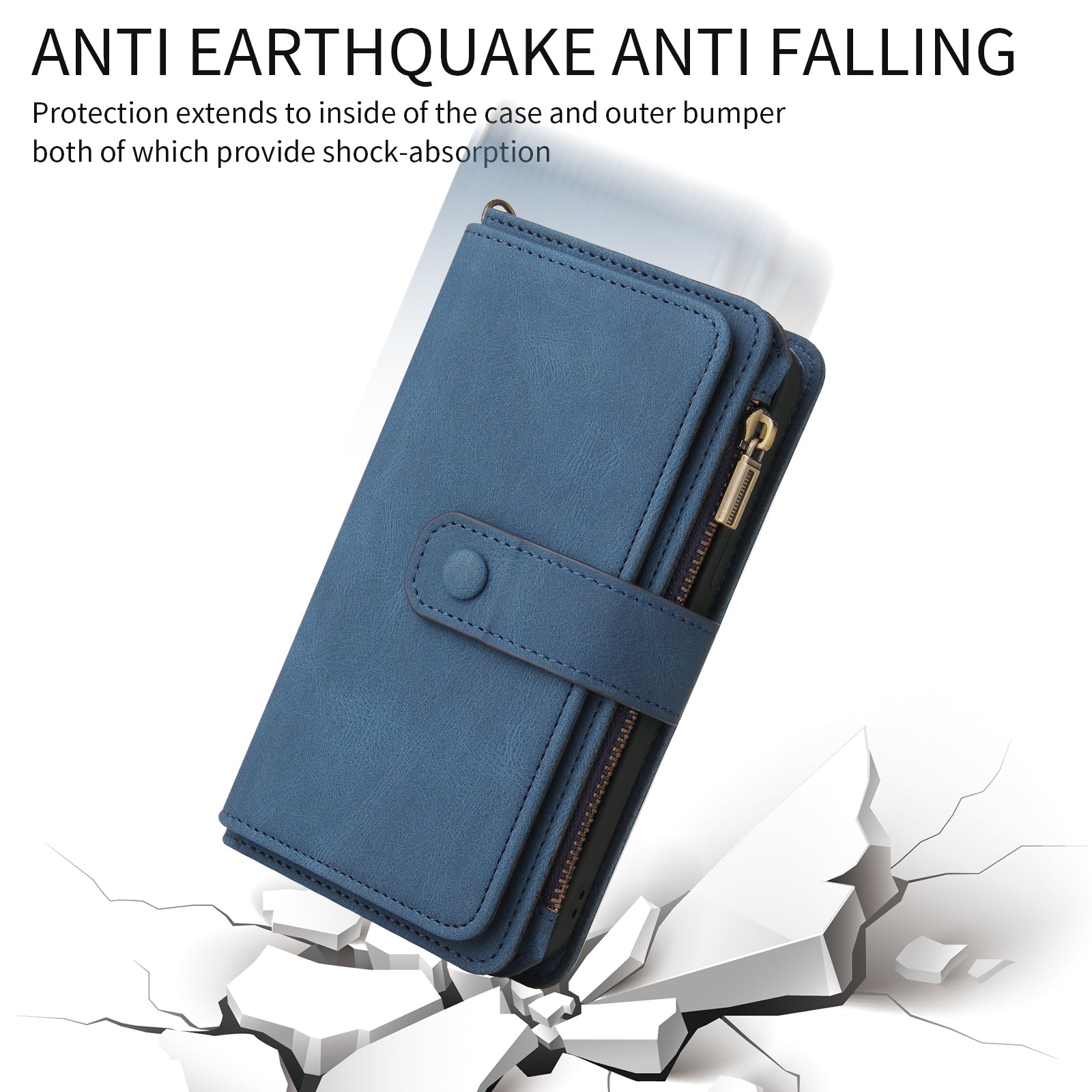 For Samsung Galaxy A57 5G Zipper Wallet Case with 15 Card Slots and Strap Leather Phone Cover - Blue