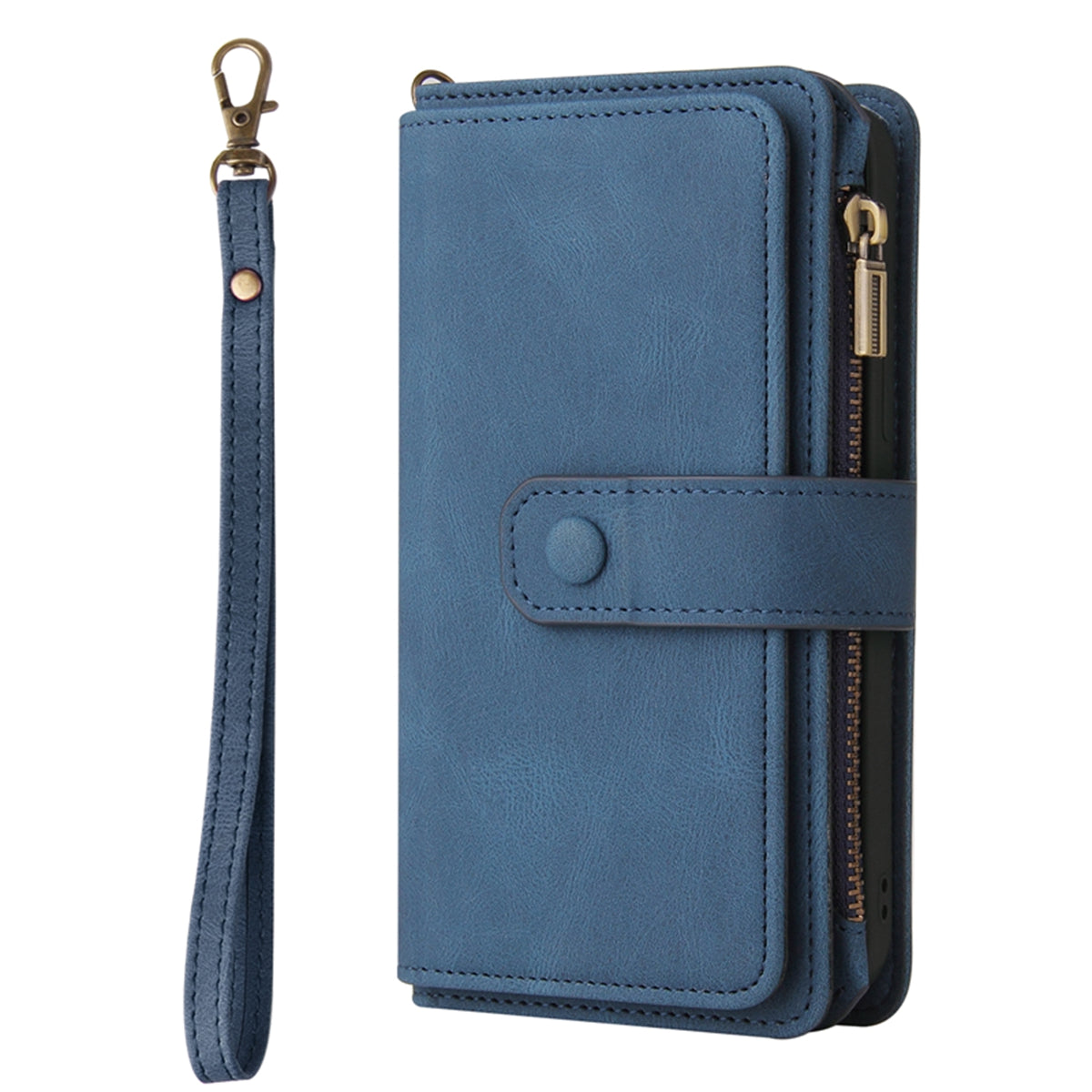 For Samsung Galaxy A57 5G Zipper Wallet Case with 15 Card Slots and Strap Leather Phone Cover - Blue