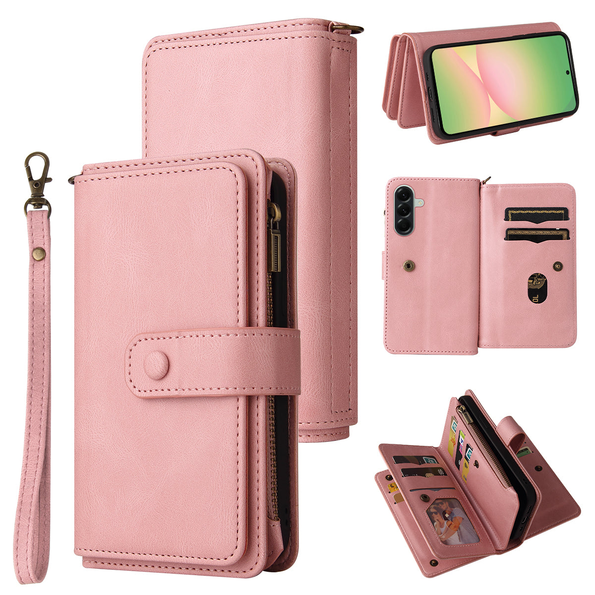 For Samsung Galaxy A57 5G Zipper Wallet Case with 15 Card Slots and Strap Leather Phone Cover - Pink