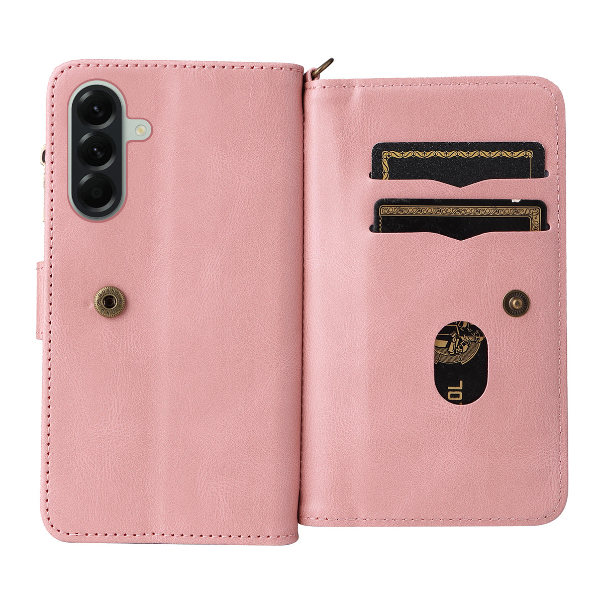 For Samsung Galaxy A57 5G Zipper Wallet Case with 15 Card Slots and Strap Leather Phone Cover - Pink