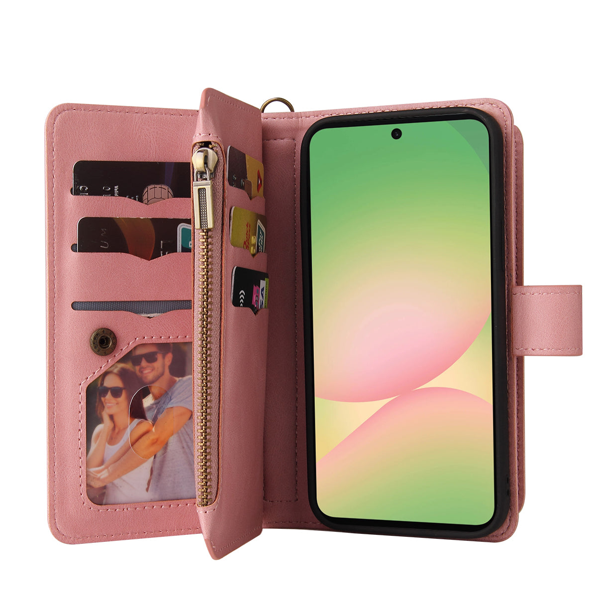 For Samsung Galaxy A57 5G Zipper Wallet Case with 15 Card Slots and Strap Leather Phone Cover - Pink
