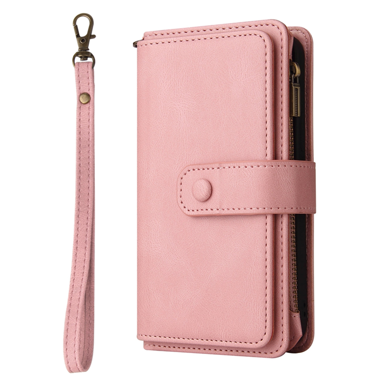 For Samsung Galaxy A57 5G Zipper Wallet Case with 15 Card Slots and Strap Leather Phone Cover - Pink
