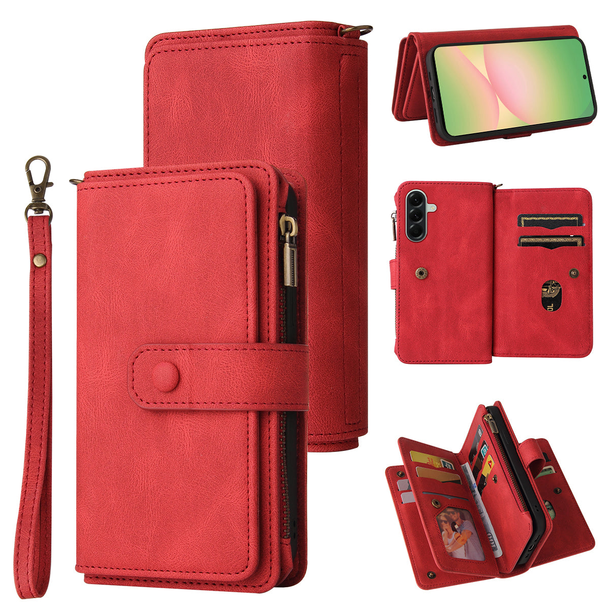 For Samsung Galaxy A57 5G Zipper Wallet Case with 15 Card Slots and Strap Leather Phone Cover - Red