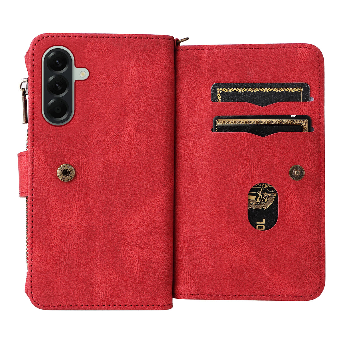 For Samsung Galaxy A57 5G Zipper Wallet Case with 15 Card Slots and Strap Leather Phone Cover - Red