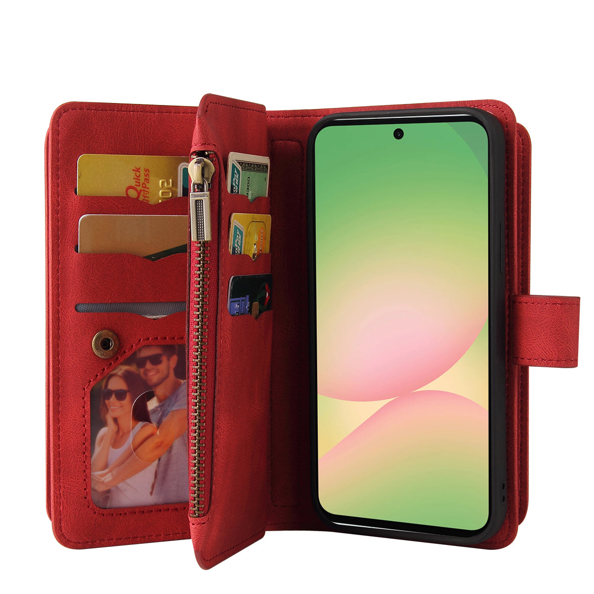 For Samsung Galaxy A57 5G Zipper Wallet Case with 15 Card Slots and Strap Leather Phone Cover - Red