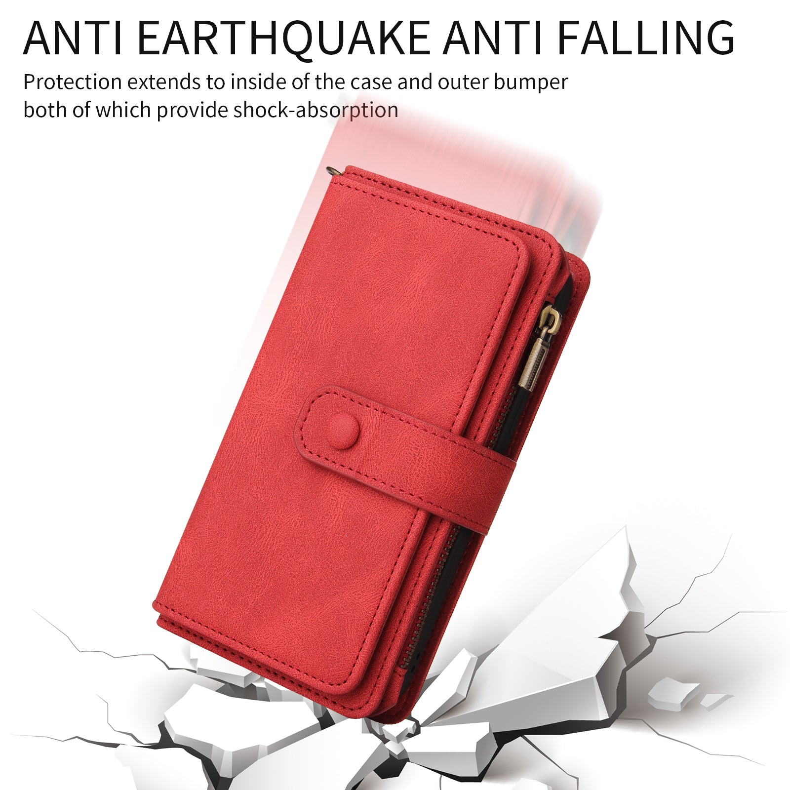 For Samsung Galaxy A57 5G Zipper Wallet Case with 15 Card Slots and Strap Leather Phone Cover - Red
