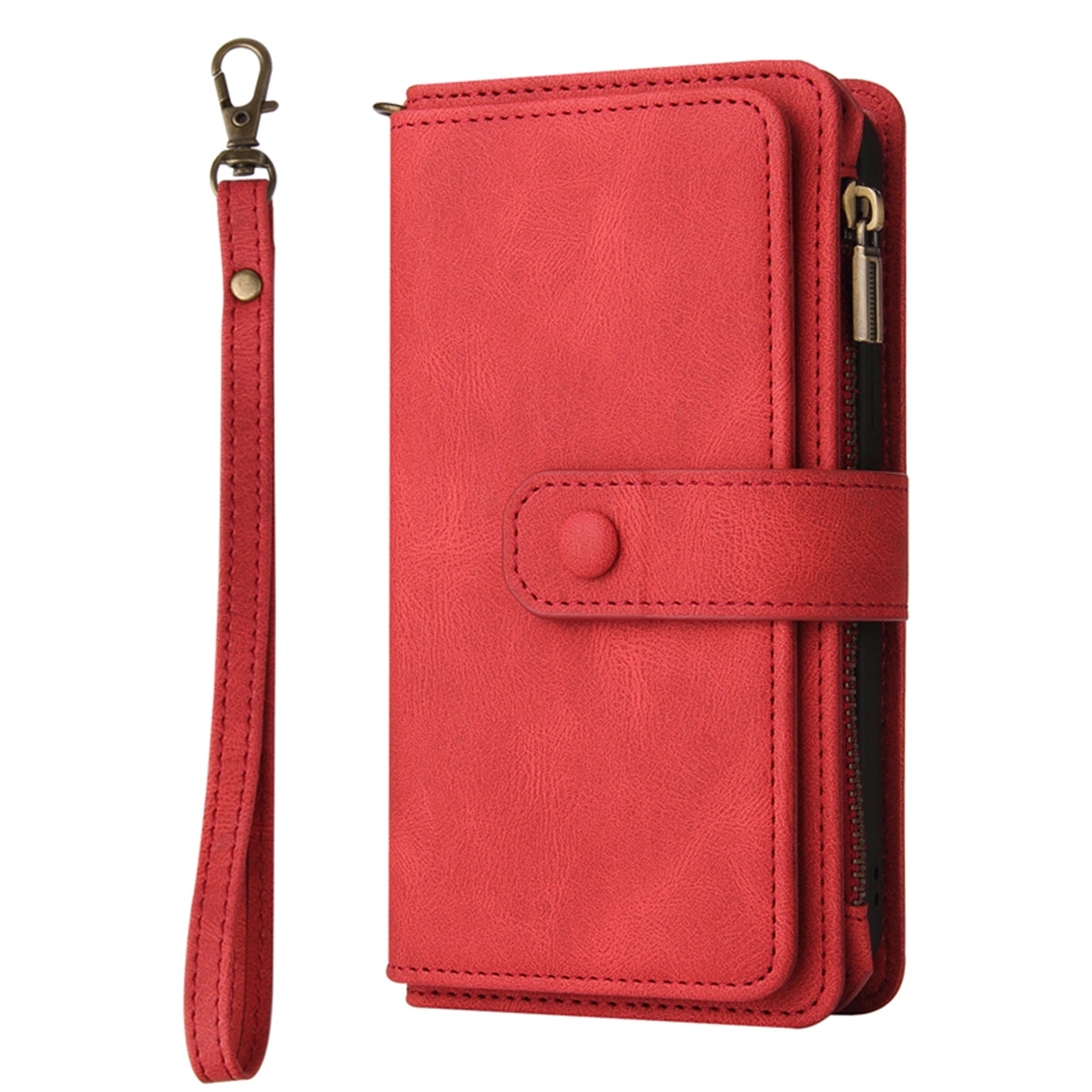 For Samsung Galaxy A57 5G Zipper Wallet Case with 15 Card Slots and Strap Leather Phone Cover - Red
