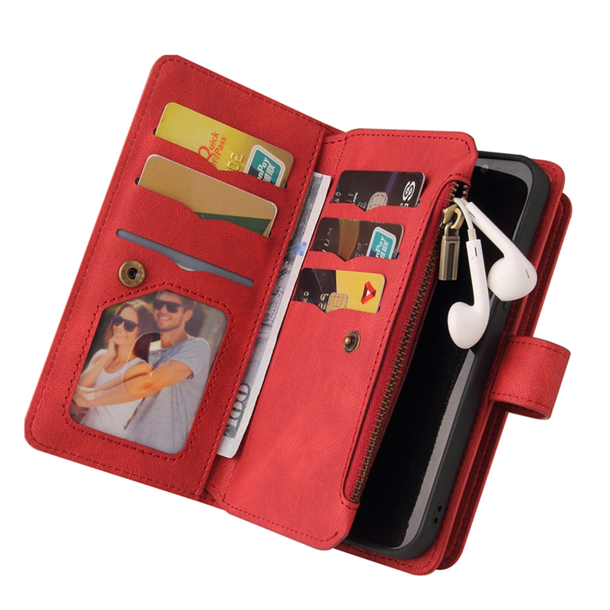 For Samsung Galaxy A57 5G Zipper Wallet Case with 15 Card Slots and Strap Leather Phone Cover - Red
