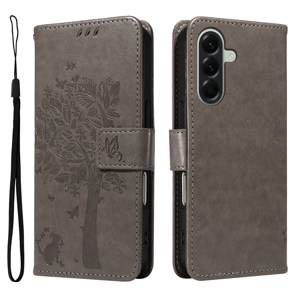 For Samsung Galaxy A57 5G Phone Case with Stand Cat Tree Pattern Leather Wallet Mobile Cover - Grey
