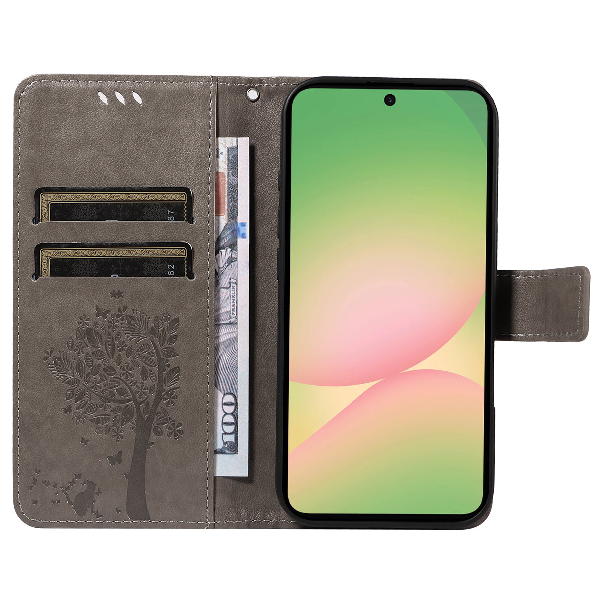 For Samsung Galaxy A57 5G Phone Case with Stand Cat Tree Pattern Leather Wallet Mobile Cover - Grey