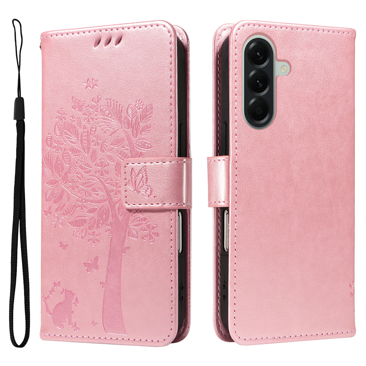 For Samsung Galaxy A57 5G Phone Case with Stand Cat Tree Pattern Leather Wallet Mobile Cover - Rose Gold