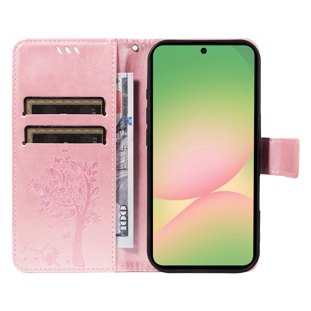 For Samsung Galaxy A57 5G Phone Case with Stand Cat Tree Pattern Leather Wallet Mobile Cover - Rose Gold