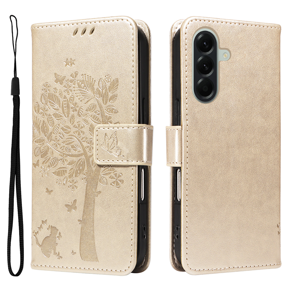 For Samsung Galaxy A57 5G Phone Case with Stand Cat Tree Pattern Leather Wallet Mobile Cover - Gold