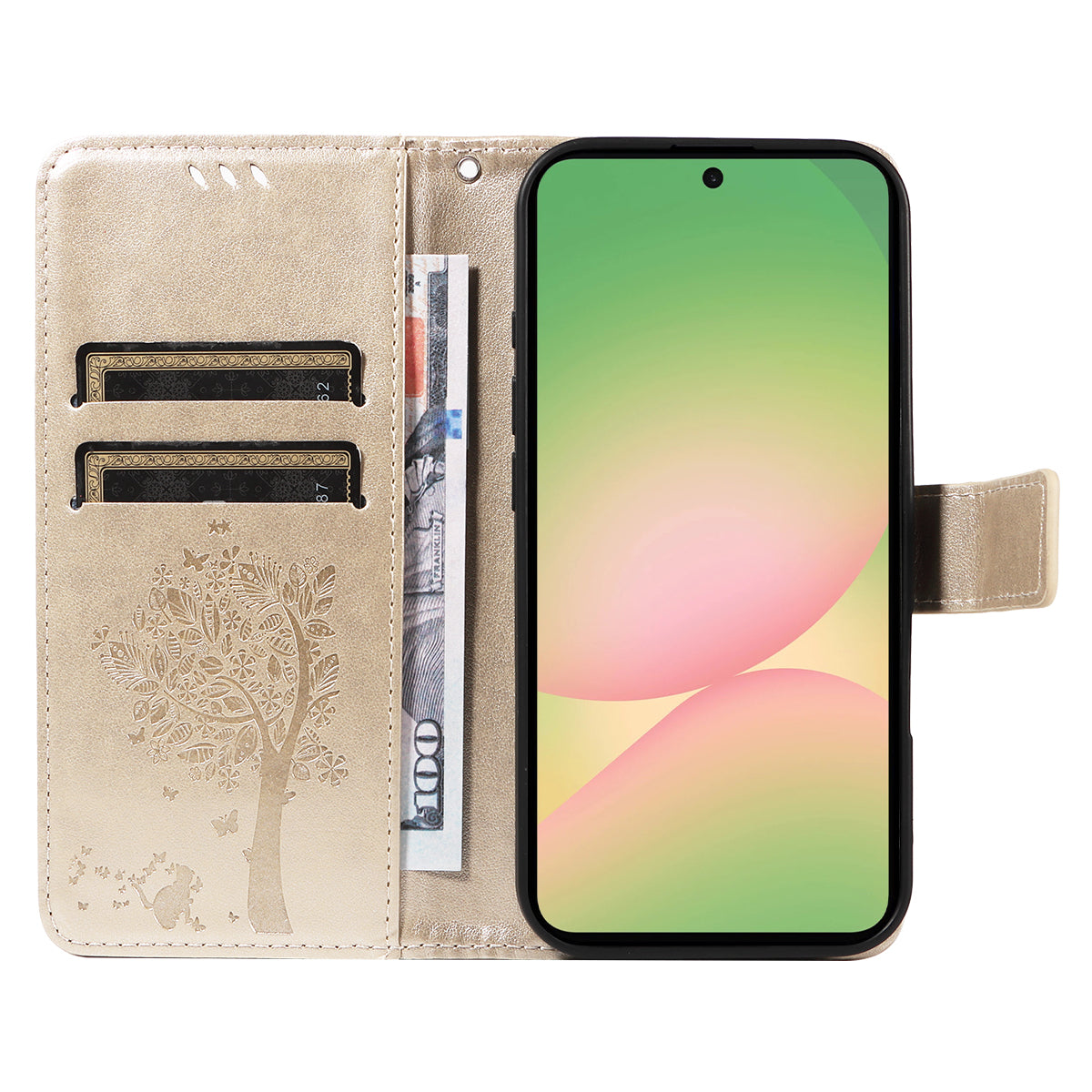 For Samsung Galaxy A57 5G Phone Case with Stand Cat Tree Pattern Leather Wallet Mobile Cover - Gold