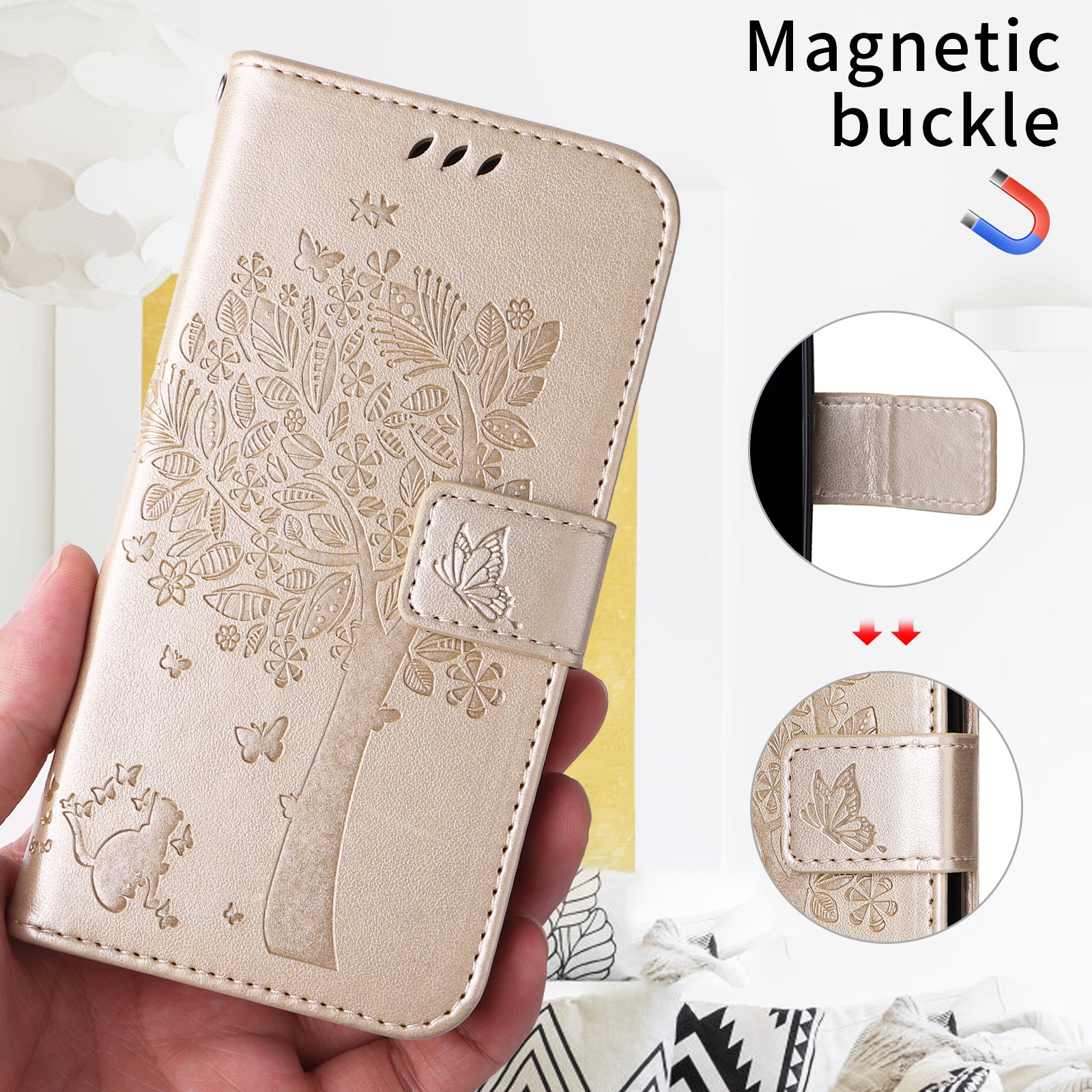 For Samsung Galaxy A57 5G Phone Case with Stand Cat Tree Pattern Leather Wallet Mobile Cover - Gold