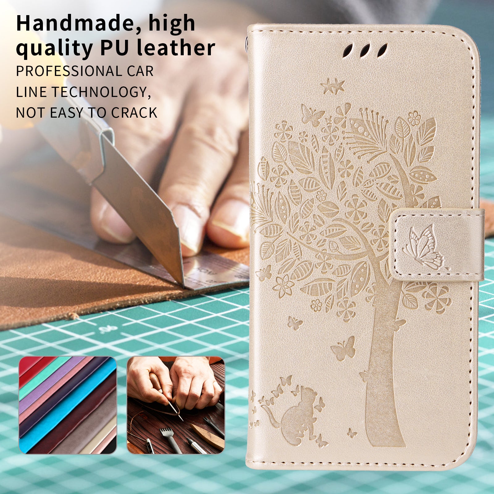 For Samsung Galaxy A57 5G Phone Case with Stand Cat Tree Pattern Leather Wallet Mobile Cover - Gold