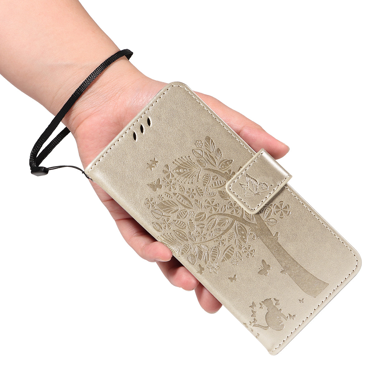 For Samsung Galaxy A57 5G Phone Case with Stand Cat Tree Pattern Leather Wallet Mobile Cover - Gold