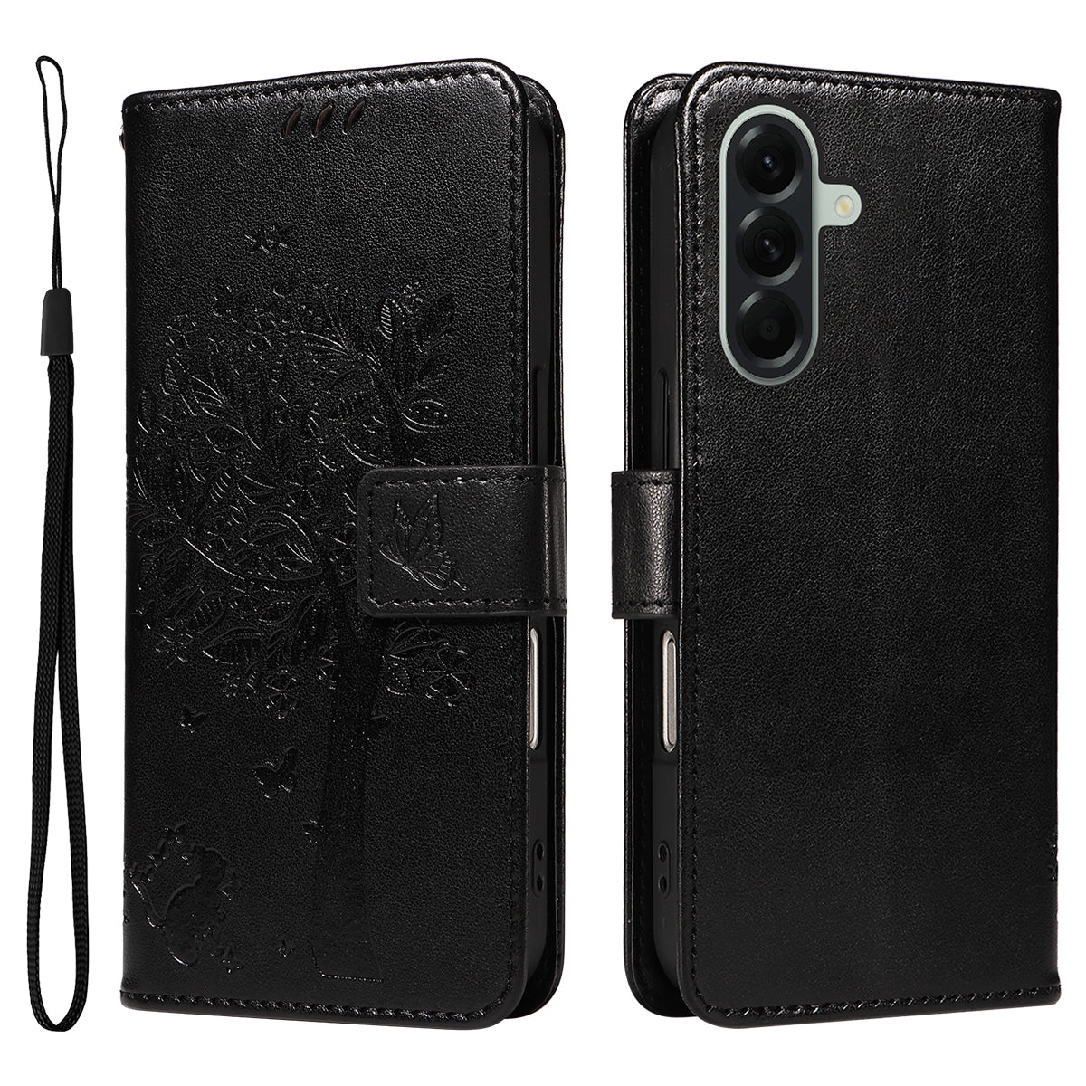 For Samsung Galaxy A57 5G Phone Case with Stand Cat Tree Pattern Leather Wallet Mobile Cover -  Black