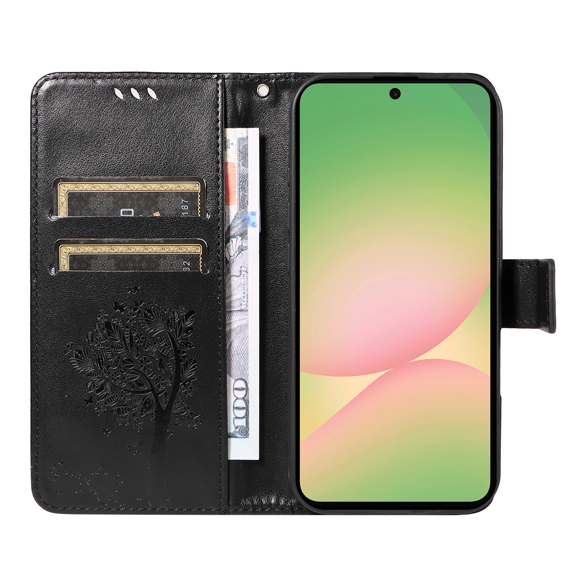 For Samsung Galaxy A57 5G Phone Case with Stand Cat Tree Pattern Leather Wallet Mobile Cover -  Black
