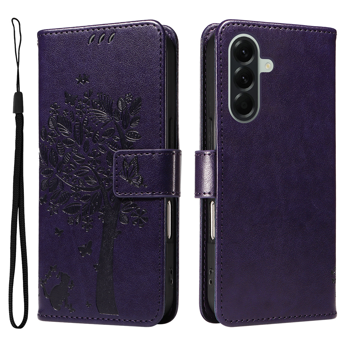 For Samsung Galaxy A57 5G Phone Case with Stand Cat Tree Pattern Leather Wallet Mobile Cover - Purple