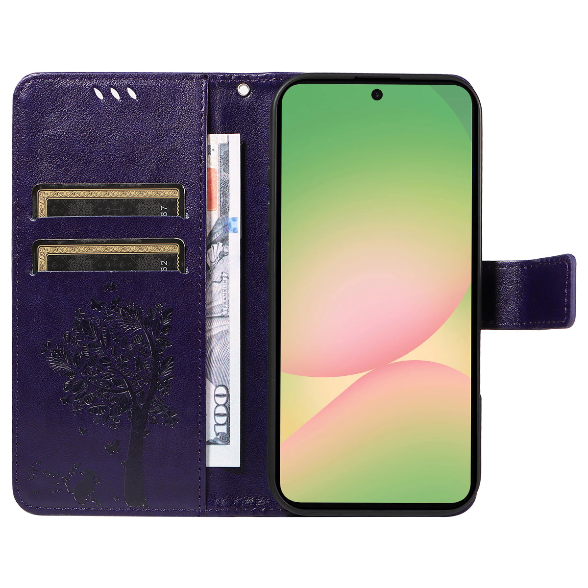 For Samsung Galaxy A57 5G Phone Case with Stand Cat Tree Pattern Leather Wallet Mobile Cover - Purple