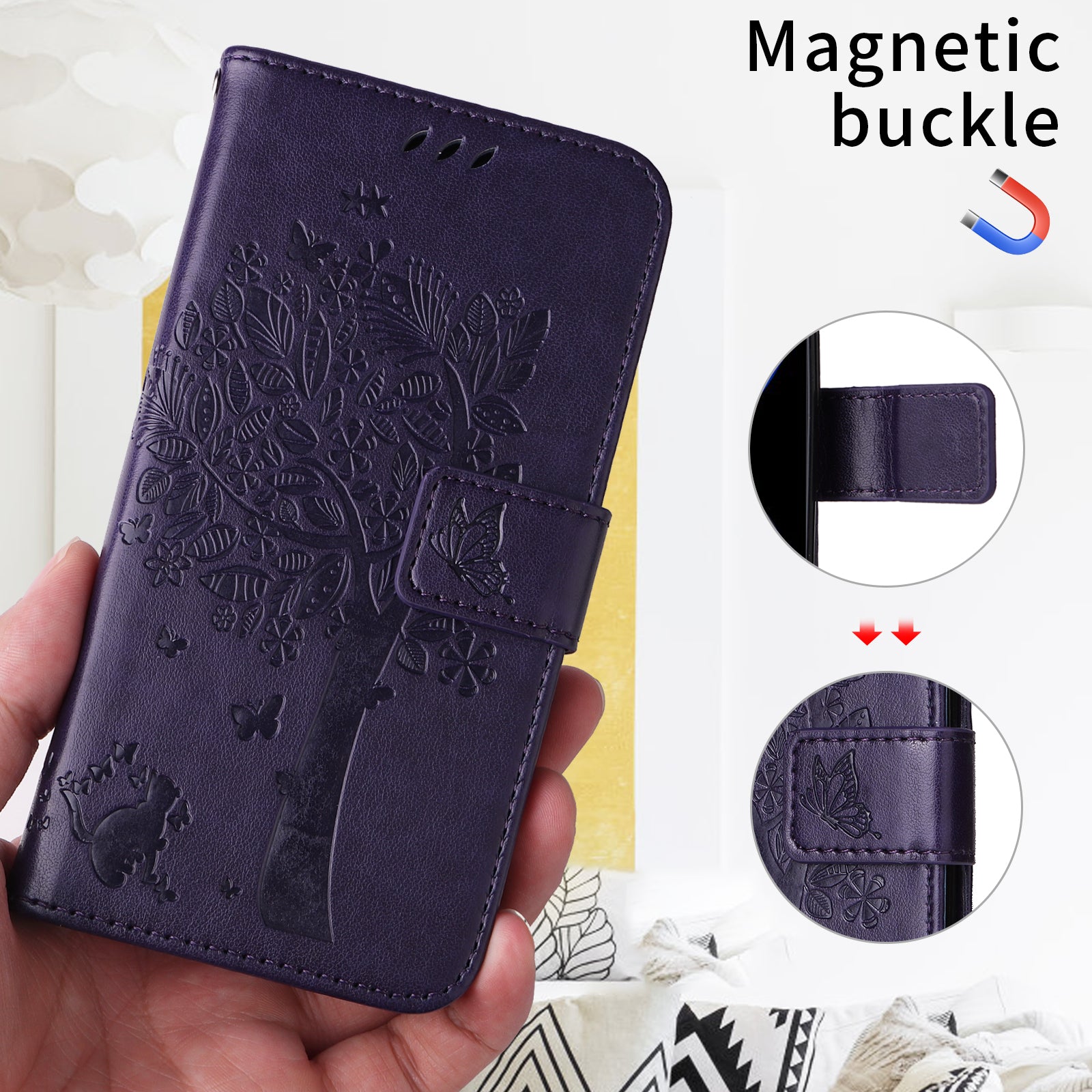 For Samsung Galaxy A57 5G Phone Case with Stand Cat Tree Pattern Leather Wallet Mobile Cover - Purple