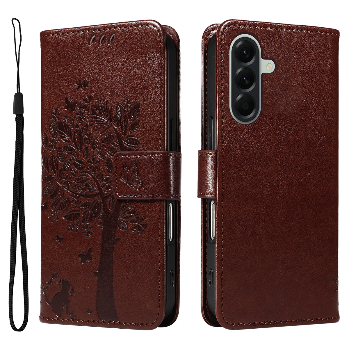 For Samsung Galaxy A57 5G Phone Case with Stand Cat Tree Pattern Leather Wallet Mobile Cover - Coffee