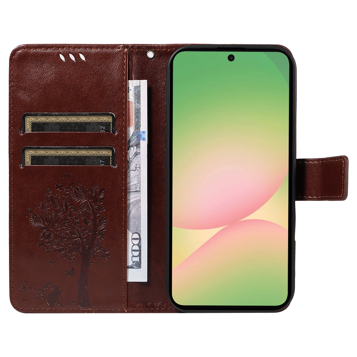 For Samsung Galaxy A57 5G Phone Case with Stand Cat Tree Pattern Leather Wallet Mobile Cover - Coffee
