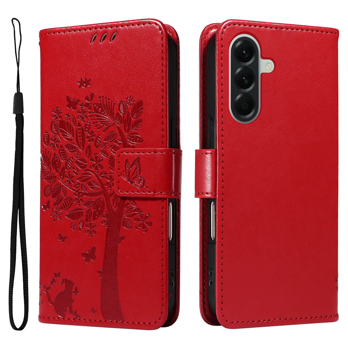 For Samsung Galaxy A57 5G Phone Case with Stand Cat Tree Pattern Leather Wallet Mobile Cover - Red
