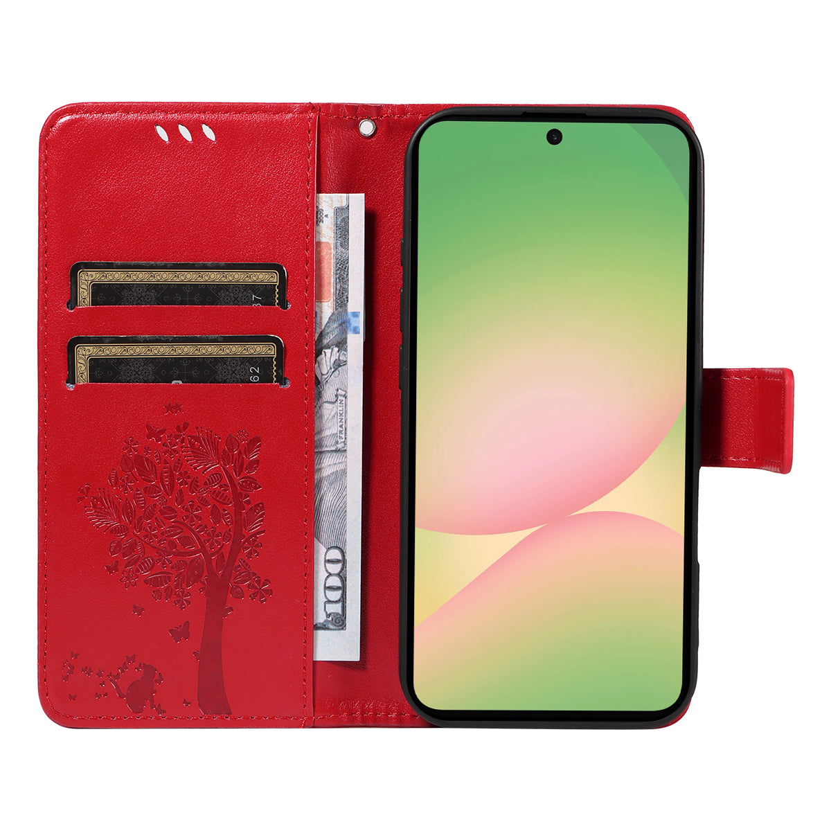 For Samsung Galaxy A57 5G Phone Case with Stand Cat Tree Pattern Leather Wallet Mobile Cover - Red