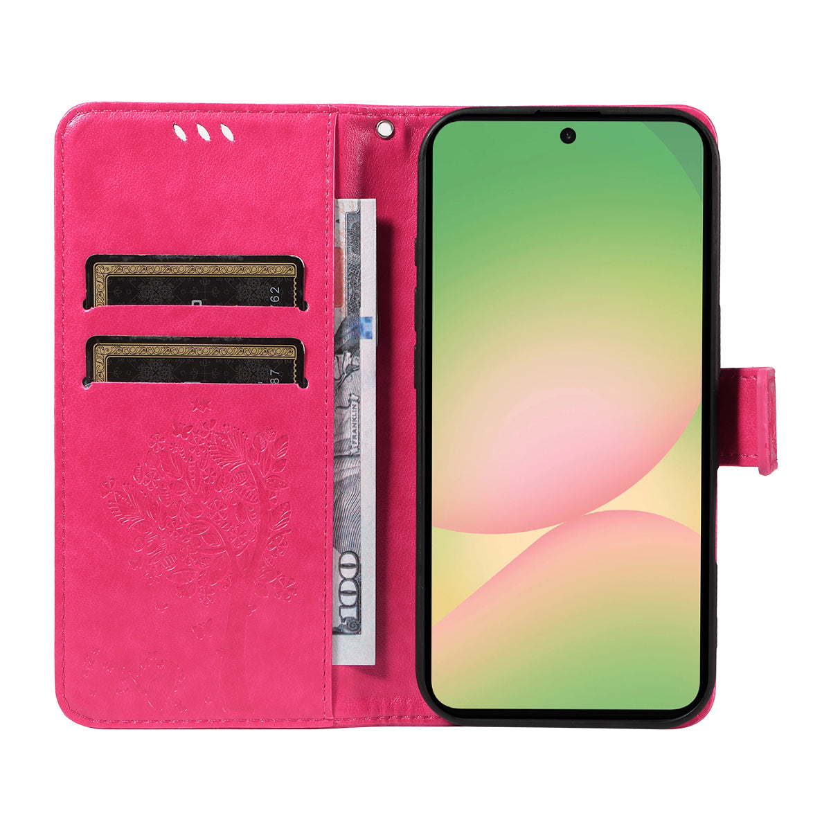 For Samsung Galaxy A57 5G Phone Case with Stand Cat Tree Pattern Leather Wallet Mobile Cover - Rose