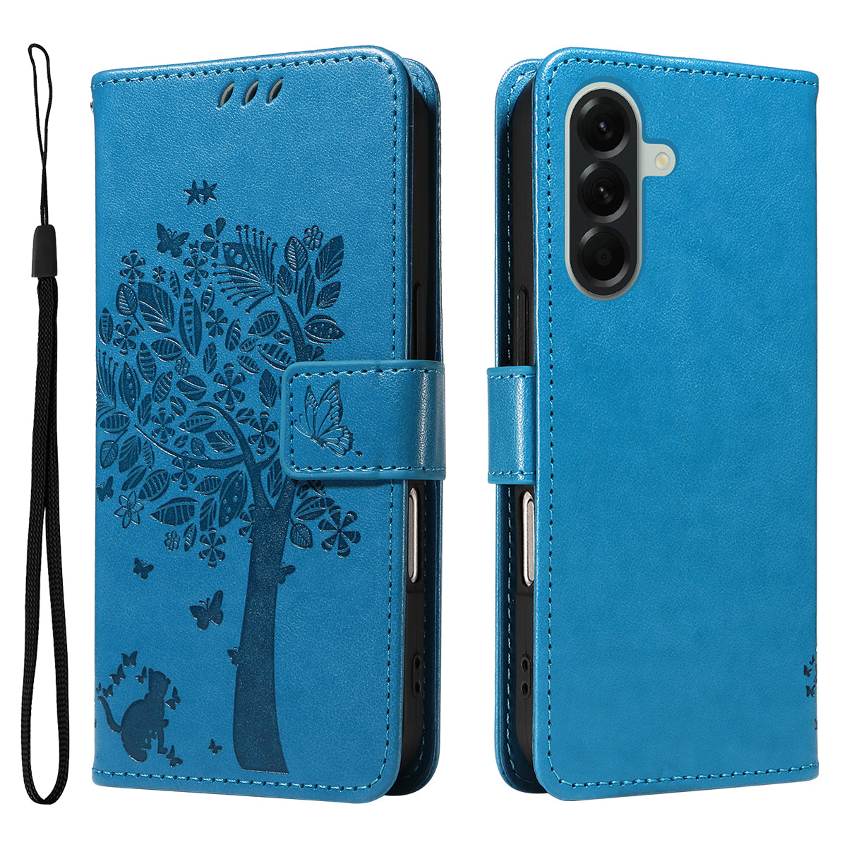 For Samsung Galaxy A57 5G Phone Case with Stand Cat Tree Pattern Leather Wallet Mobile Cover - Blue