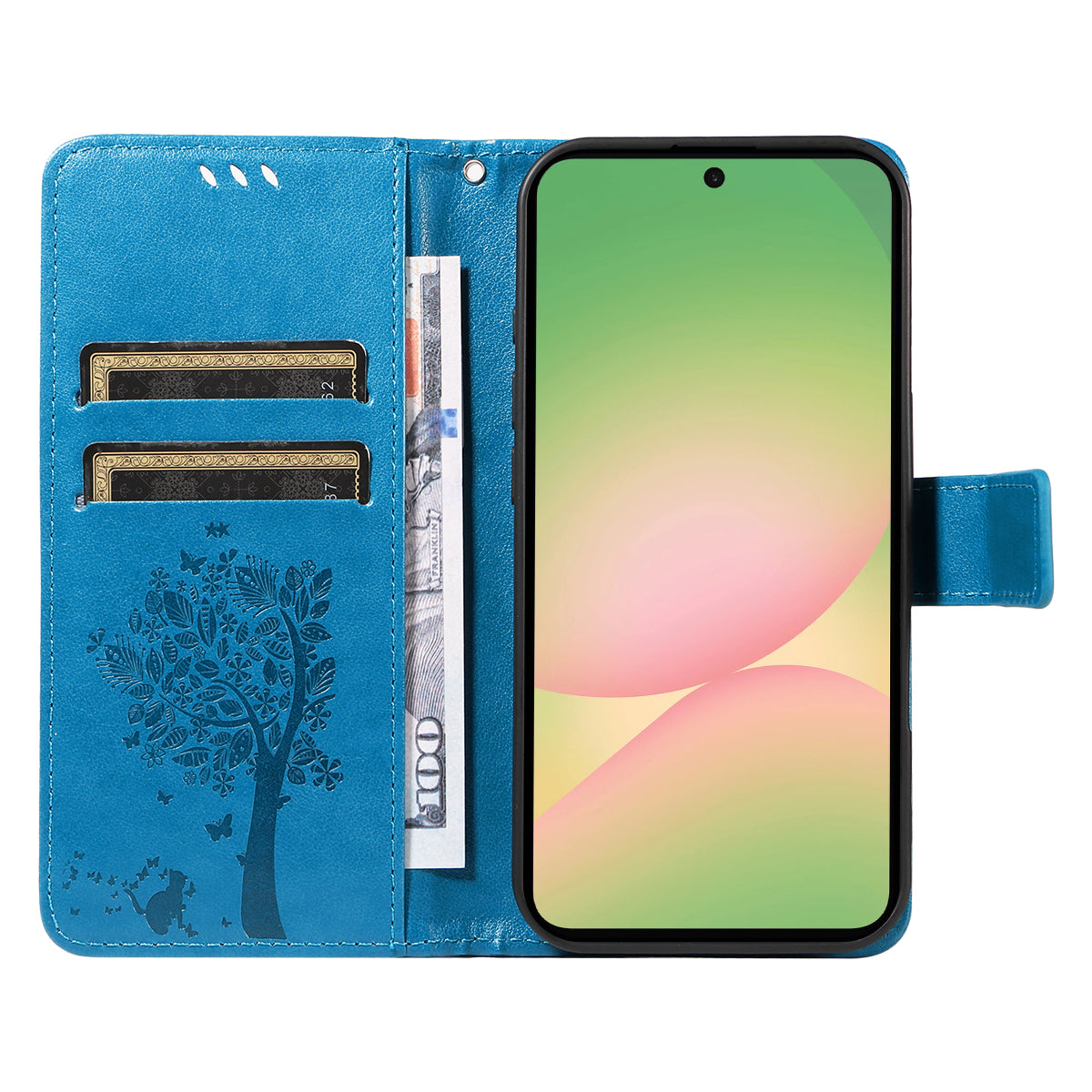 For Samsung Galaxy A57 5G Phone Case with Stand Cat Tree Pattern Leather Wallet Mobile Cover - Blue
