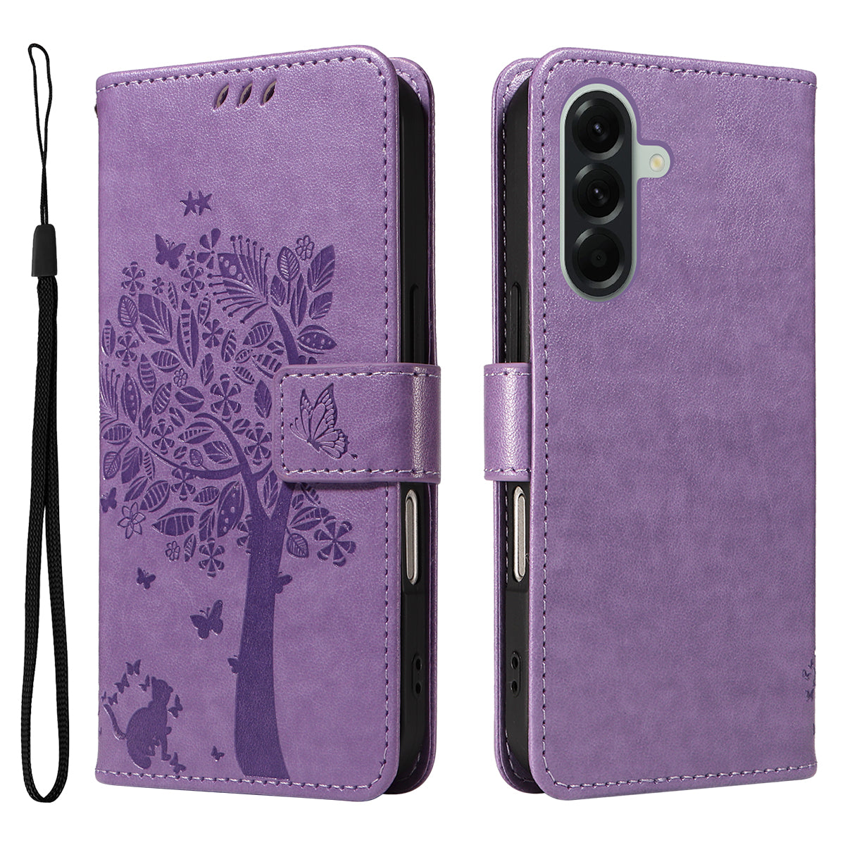 For Samsung Galaxy A57 5G Phone Case with Stand Cat Tree Pattern Leather Wallet Mobile Cover -  Light Purple