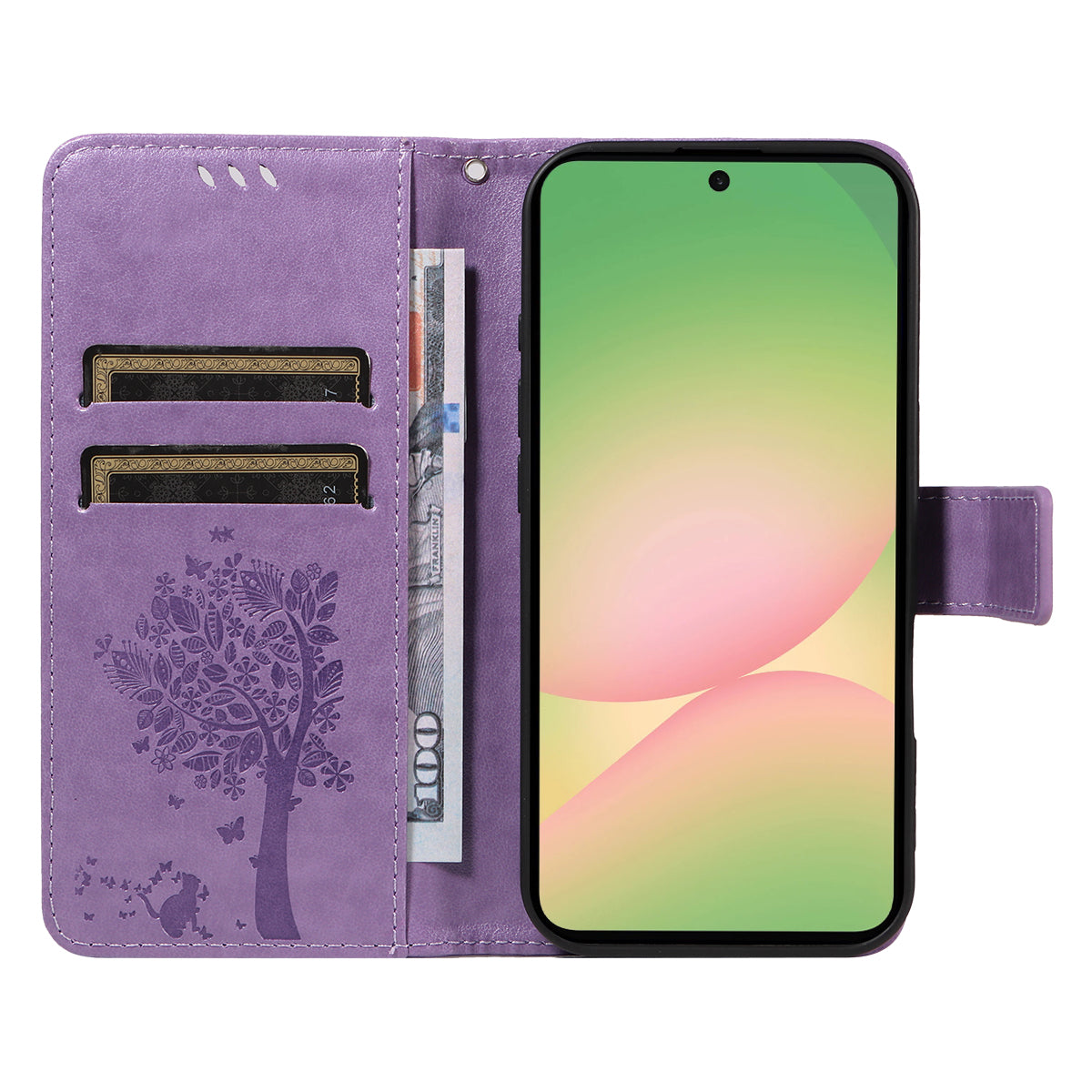 For Samsung Galaxy A57 5G Phone Case with Stand Cat Tree Pattern Leather Wallet Mobile Cover -  Light Purple