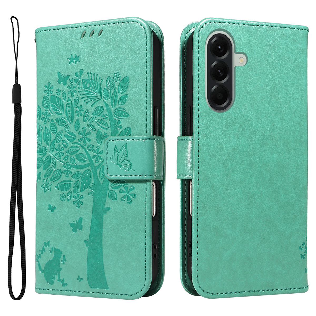 For Samsung Galaxy A57 5G Phone Case with Stand Cat Tree Pattern Leather Wallet Mobile Cover - Green