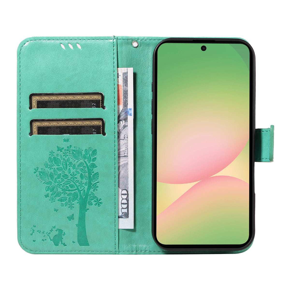 For Samsung Galaxy A57 5G Phone Case with Stand Cat Tree Pattern Leather Wallet Mobile Cover - Green