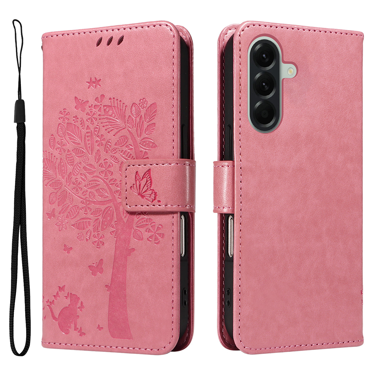 For Samsung Galaxy A57 5G Phone Case with Stand Cat Tree Pattern Leather Wallet Mobile Cover - Pink
