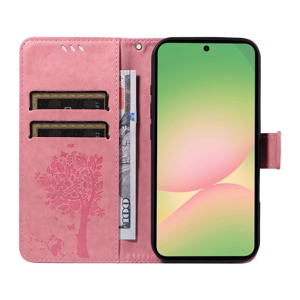 For Samsung Galaxy A57 5G Phone Case with Stand Cat Tree Pattern Leather Wallet Mobile Cover - Pink