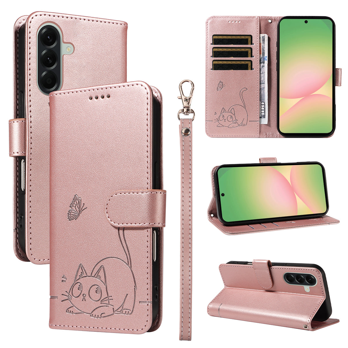 For Samsung Galaxy A57 5G Case Cat Pattern Imprint Leather Phone Cover with Wrist Strap - Rose Gold