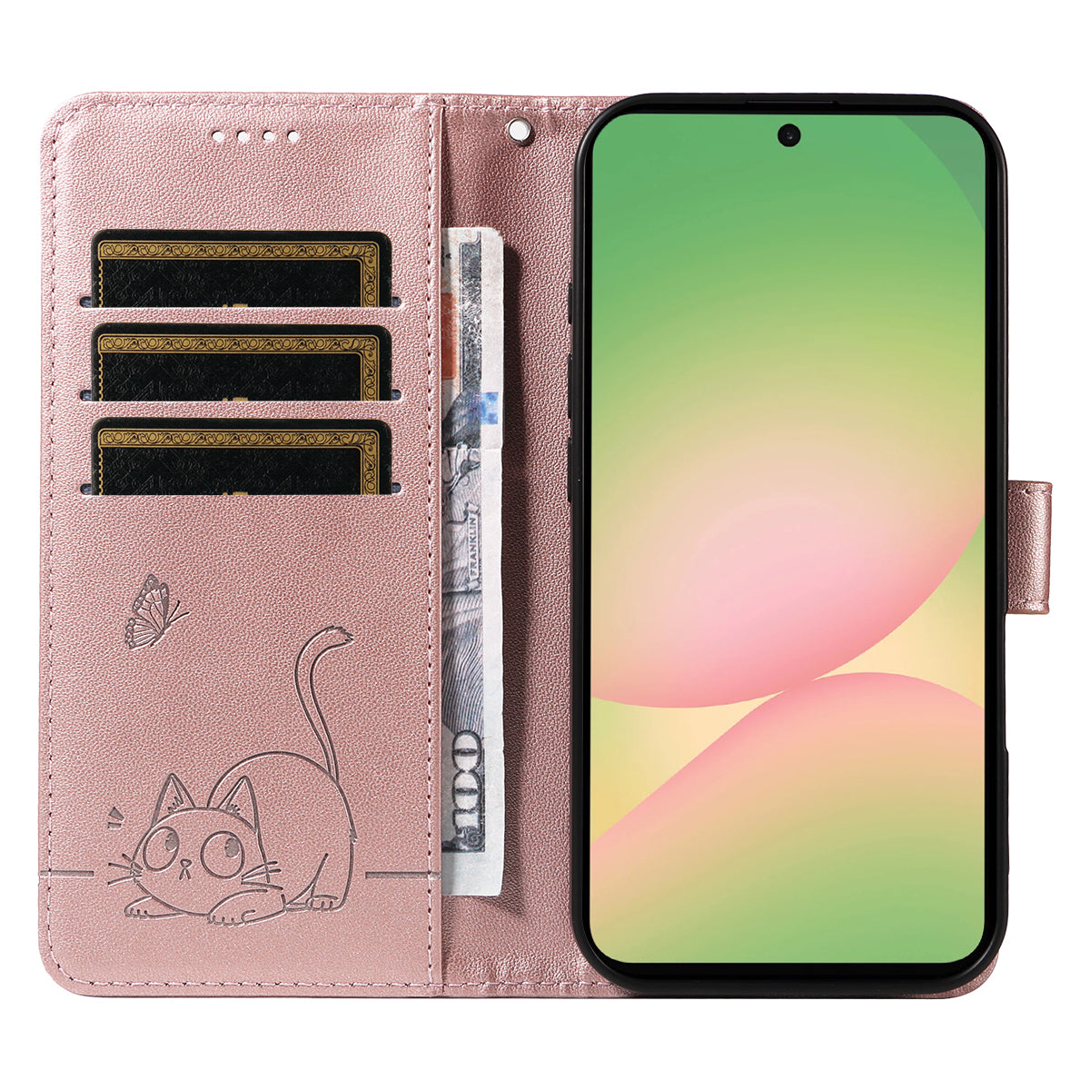 For Samsung Galaxy A57 5G Case Cat Pattern Imprint Leather Phone Cover with Wrist Strap - Rose Gold