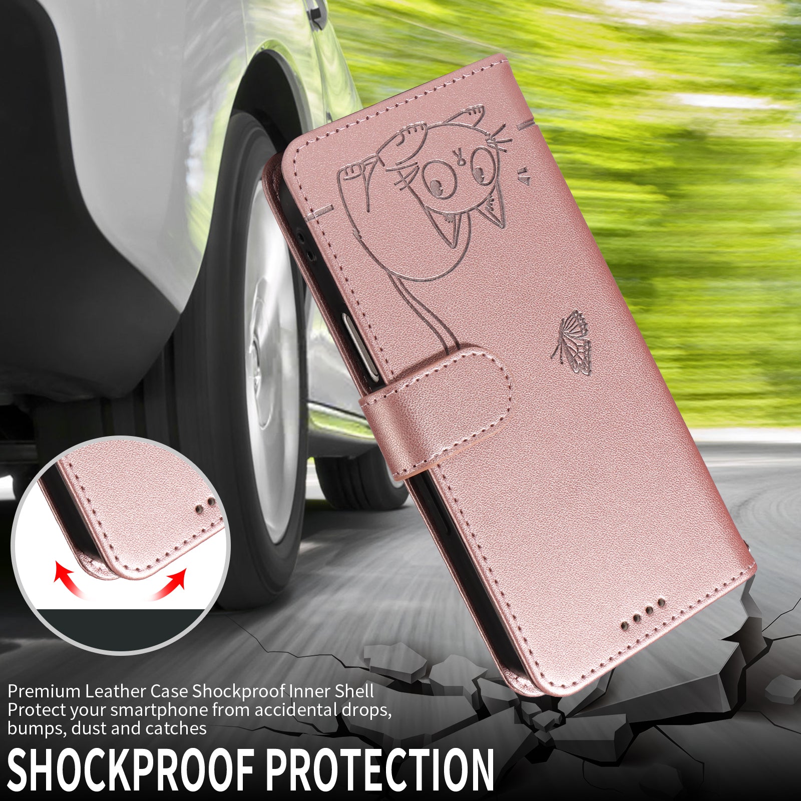 For Samsung Galaxy A57 5G Case Cat Pattern Imprint Leather Phone Cover with Wrist Strap - Rose Gold
