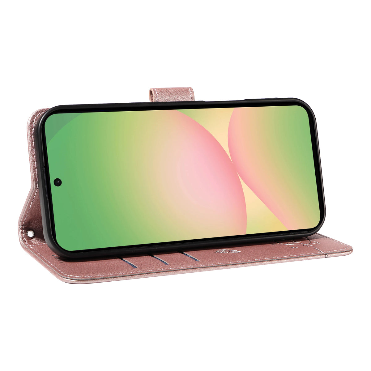 For Samsung Galaxy A57 5G Case Cat Pattern Imprint Leather Phone Cover with Wrist Strap - Rose Gold