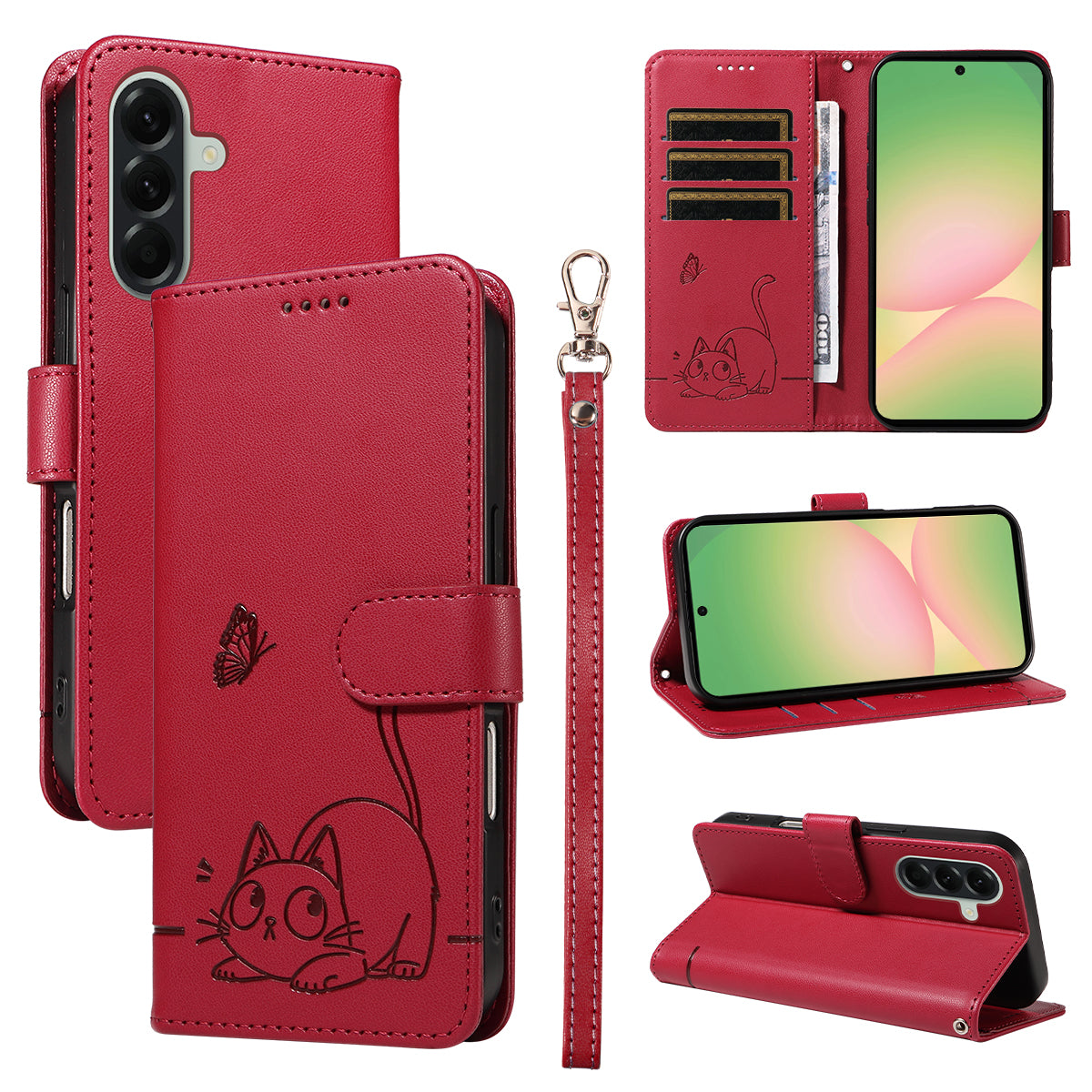 For Samsung Galaxy A57 5G Case Cat Pattern Imprint Leather Phone Cover with Wrist Strap - Red