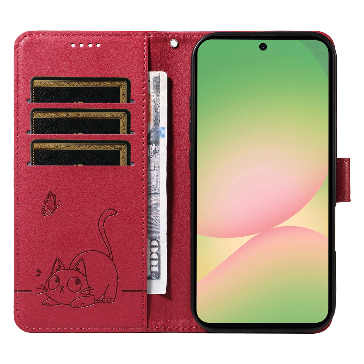 For Samsung Galaxy A57 5G Case Cat Pattern Imprint Leather Phone Cover with Wrist Strap - Red
