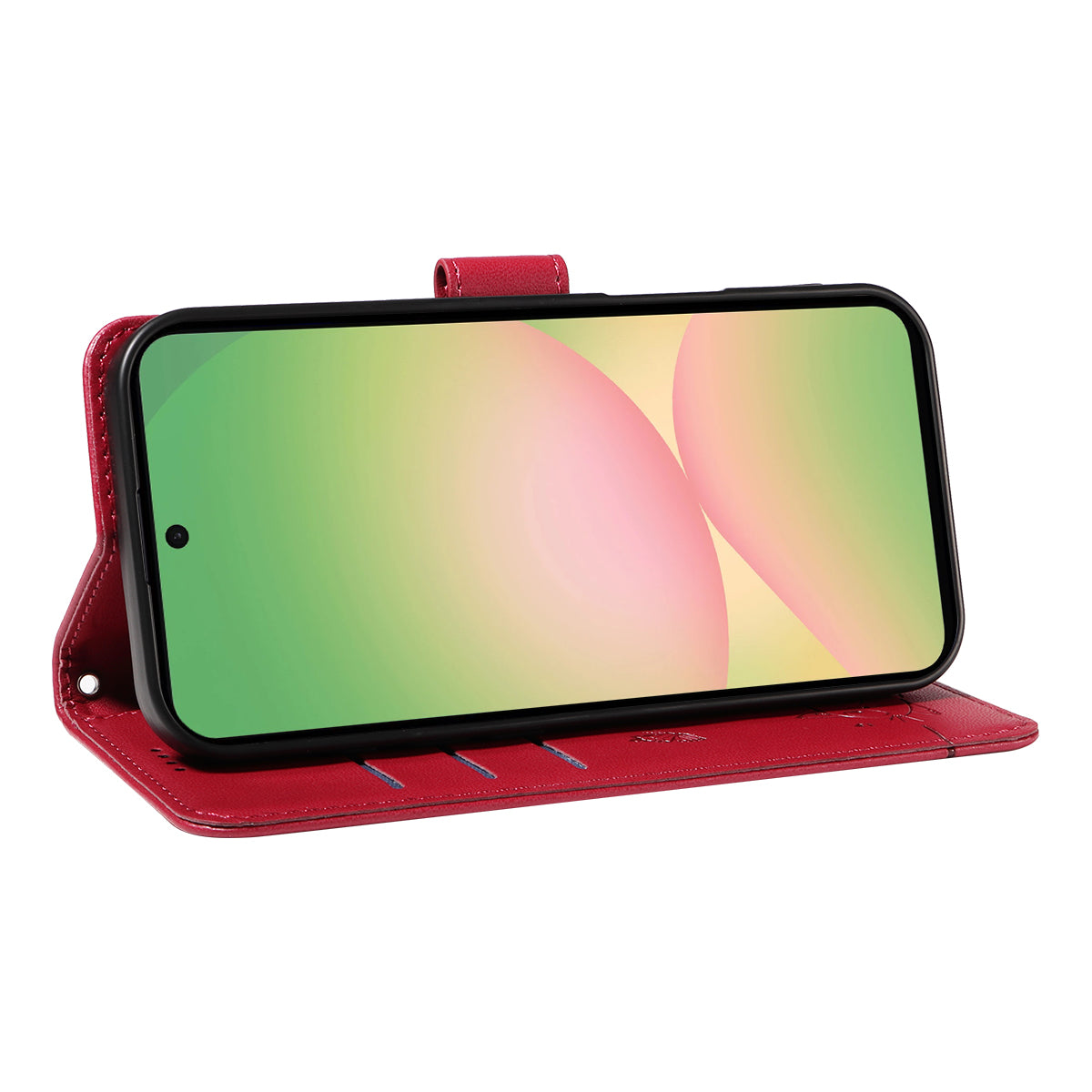 For Samsung Galaxy A57 5G Case Cat Pattern Imprint Leather Phone Cover with Wrist Strap - Red