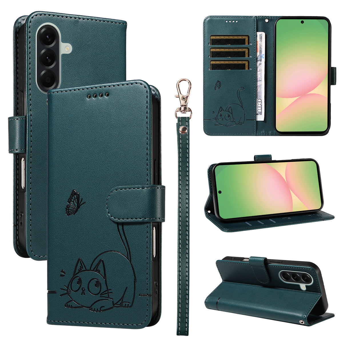 For Samsung Galaxy A57 5G Case Cat Pattern Imprint Leather Phone Cover with Wrist Strap - Blue