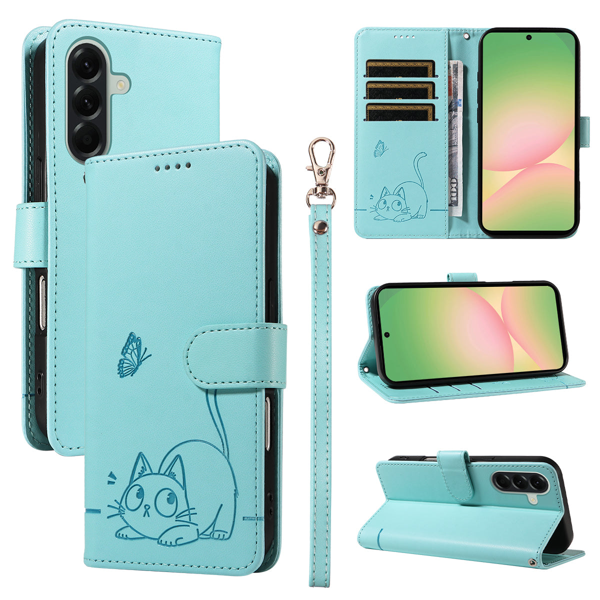 For Samsung Galaxy A57 5G Case Cat Pattern Imprint Leather Phone Cover with Wrist Strap - Green