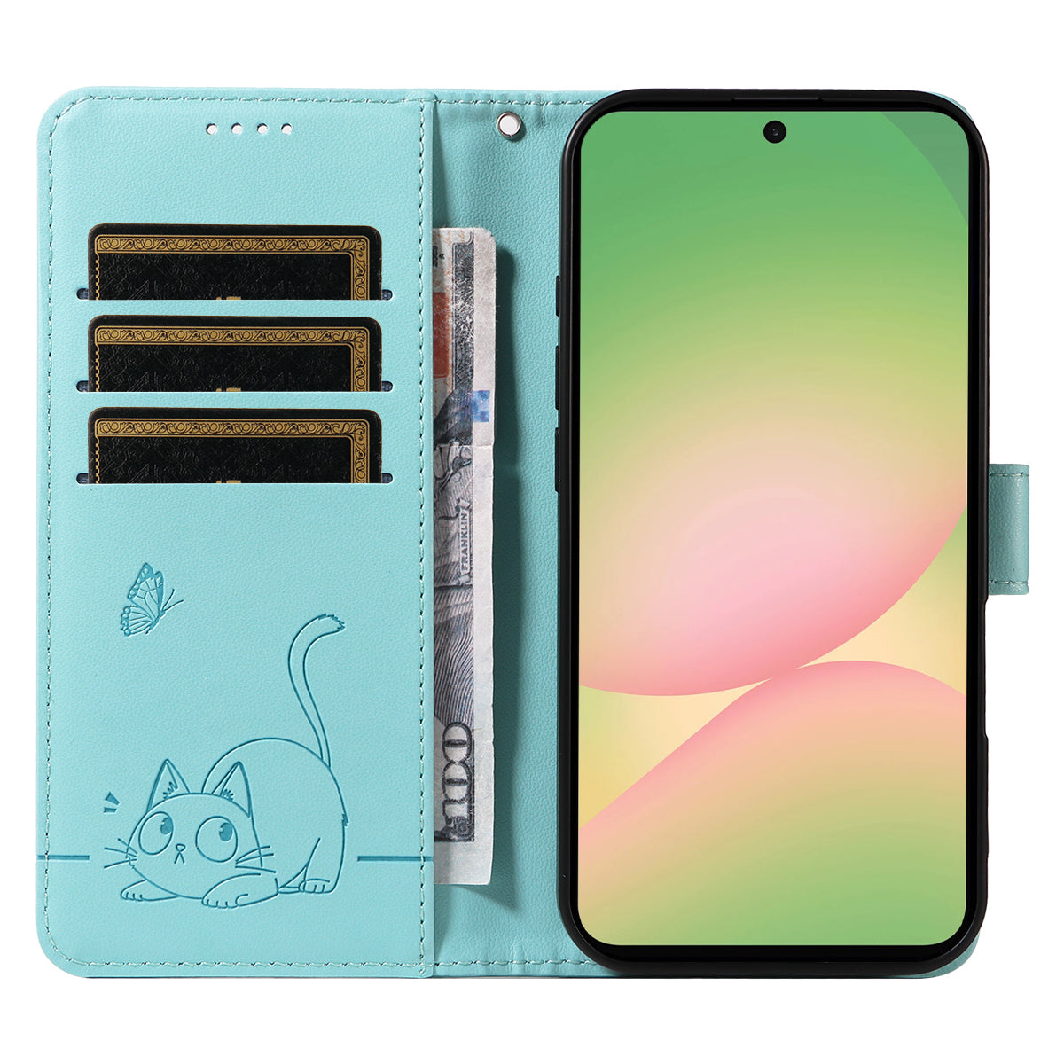 For Samsung Galaxy A57 5G Case Cat Pattern Imprint Leather Phone Cover with Wrist Strap - Green