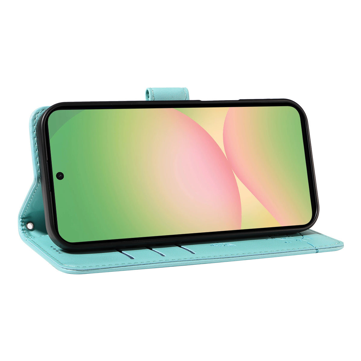 For Samsung Galaxy A57 5G Case Cat Pattern Imprint Leather Phone Cover with Wrist Strap - Green